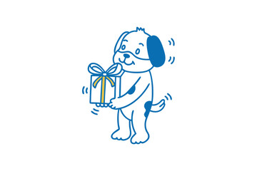 Animated dog stands eagerly, shaking while holding a wrapped gift and expressing happiness