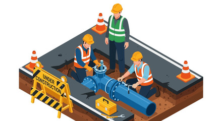 Construction Workers Repairing Underground Pipes Essential Infrastructure Maintenance