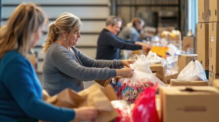 Food pantry workers organizing and distributing filled donation bags to those in need, high-resolution humanitarian aid photography —ar 16:9 