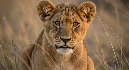 Fototapeta premium A young lioness, golden fur, curious gaze, sits amidst tall savanna grasses. Warm light illuminates the scene
