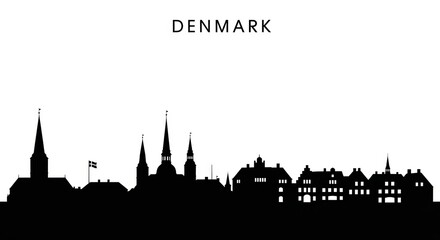 Fototapeta premium Silhouette of denmark cityscape with church spires and buildings against a white background