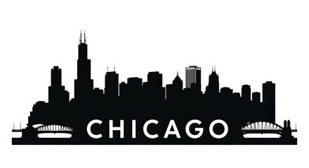 Fototapeta premium Silhouette of chicago skyline with bridges and the city name in bold white letters below it all