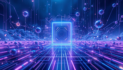 Obraz premium A vibrant neon portal stands at the center of a futuristic digital landscape