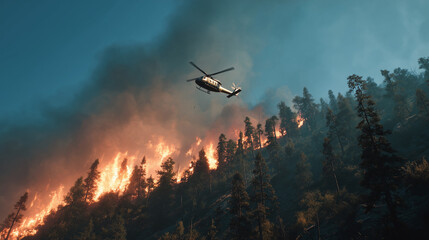 Fototapeta premium Helicopter patrolling above a raging forest fire. Captures urgency, disaster response, and environmental crisis with smoke, flames, and dramatic aerial action in natural landscape.