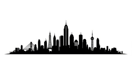 Silhouette of a cityscape with various buildings and structures against a white background in black color