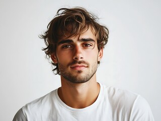 Portrait of a handsome young man with messy brown hair wearing a white shirt