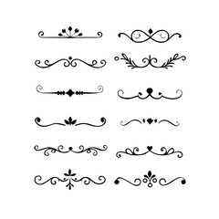 Text dividers with hearts doodle set. Wedding decorative elements. Divider ornament, borders, arrows. Hand drawn vector illustration isolated on white background
