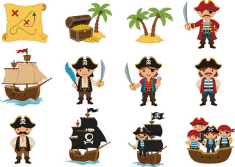 Adorable Cartoon Pirate Set with Treasure Map, Ship, Characters, and Accessories