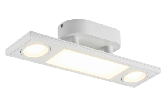 Modern white ceiling light fixture with multiple lamps isolated on a transparent background
