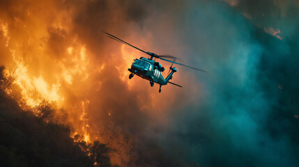 Fototapeta premium Helicopter patrolling above a raging forest fire. Captures urgency, disaster response, and environmental crisis with smoke, flames, and dramatic aerial action in natural landscape.