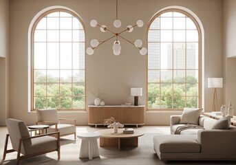  Modern minimalist living room interior with large wooden-framed windows, neutral furniture and natural light over a city park view. 3D Rendering 