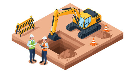 Excavation Site Engineers Overseeing Digger and Foundation Work