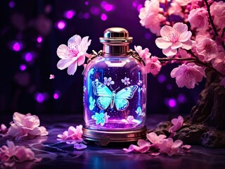 Magical glass bottle with butterfly and cherry blossoms
