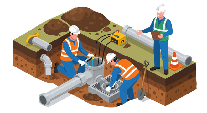 Underground Utility Workers Inspecting and Repairing Pipes