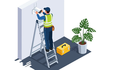 Security Camera Installation Professional Technician Installing CCTV System on Wall