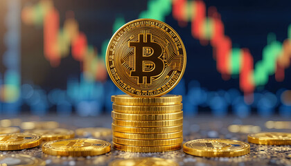 A collection of shining Bitcoin coins is stacked on a surface, with colorful fluctuating stock market graphs in the background, capturing the essence of cryptocurrency trading