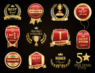 Winners medal logo collection golden award logo design isolated on black background 