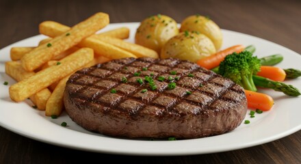 Steak, fries, potatoes, and vegetables
