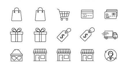 A collection of outline icons representing various aspects of shopping and e commerce services online