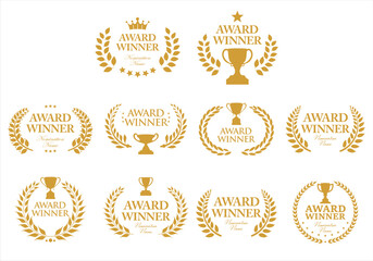 Award Winner emblem collection of gold laurel with gold text isolated on white background	