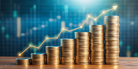Stacks of coins increase in height, illustrating financial growth and investment success. A line chart in the background emphasizes rising trends in financial data