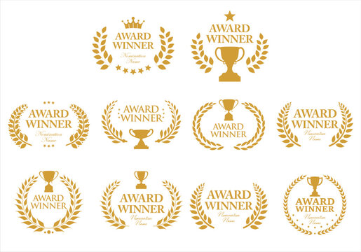 Award Winner emblem collection of gold laurel with gold text isolated on white background	