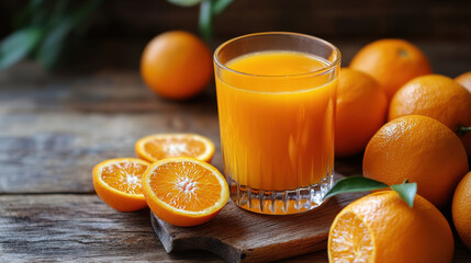 Freshly squeezed orange juice in a glass, vibrant citrus color, surrounded by sliced oranges on a rustic wooden surface, high-resolution healthy drink photography —ar 16:9 