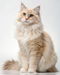 A fluffy cream-colored long-haired cat with striking blue eyes sitting gracefully against a white background.