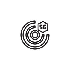 A clean line icon with concentric circles representing a signal or fingerprint, beside a hexagonal shape containing "5G," signifying secure or advanced 5G technology.