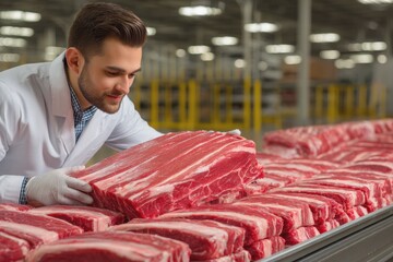 Workers in a meat processing facility examine cuts of pork during quality inspection in a busy food production environment