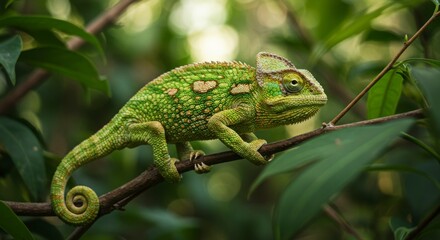 Obraz premium Chameleon on branch in lush foliage