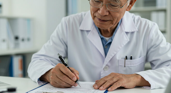 An asian doctor in a white coat writing on a clipboard with a pen in a bright office setting indoors
