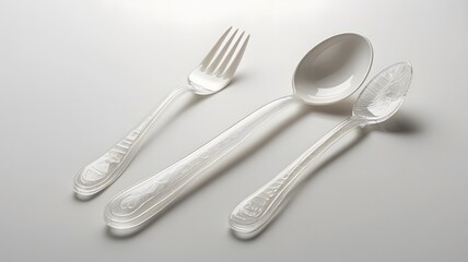 A white plate is set on a table with a gleaming set of silverware, including a fork, knife, and spoon