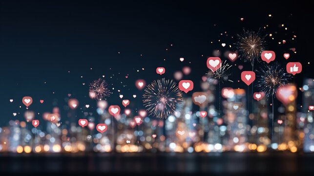 Night city skyline bursting with fireworks and glowing social media icons, blending festive celebration with digital engagement in a modern metropolis