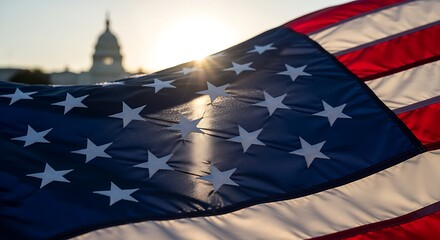 Obraz premium American Flag Waving with Capitol Building in Background