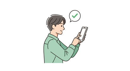 Man Using Smartphone, Mobile Phone Check Mark Approval Concept Illustration