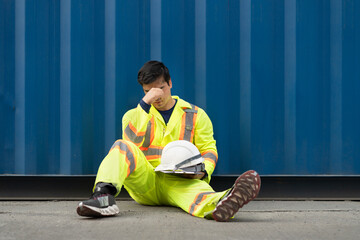 Caucasian man technician or engineer. Sit near a container and look tired or unemployed. Logistics...