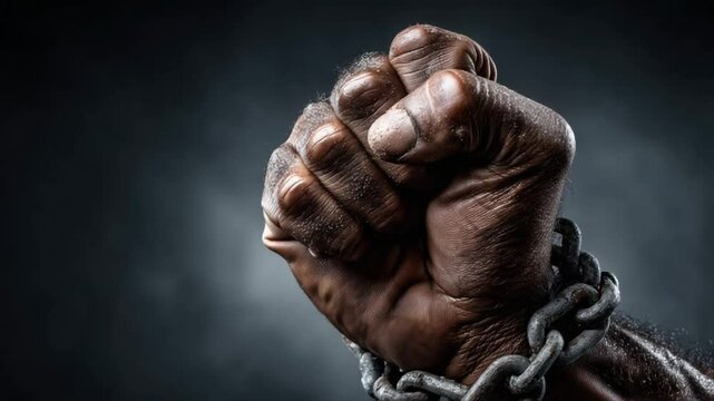 Powerful fist with chain for freedom and resistance concept, dramatic dark background