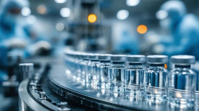 Vaccine Vial Manufacturing: Close-up perspective of vaccine vials moving along a conveyor belt, showcasing the sterile production process in a modern pharmaceutical facility.
