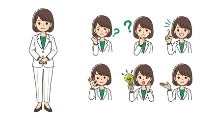 Diverse Expressions of a Woman in a White Suit Illustration Set