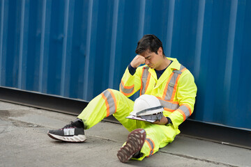 Caucasian man technician or engineer. Sit near a container and look tired or unemployed. Logistics...