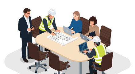 Collaborative Team Meeting Architects and Engineers Discussing Blueprints