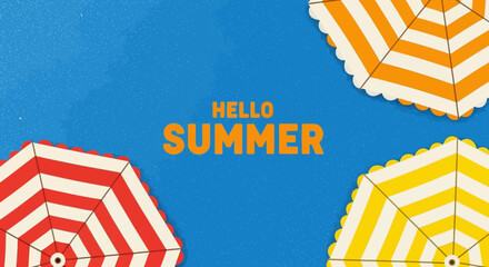 Hello Summer Colorful Beach Umbrellas on Blue Background