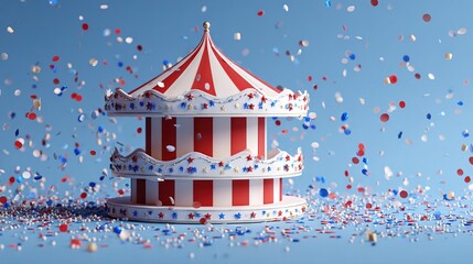 Red and white striped miniature carousel surrounded by red, white, and blue confetti on a clean blue background, evoking a joyful Fourth of July celebration