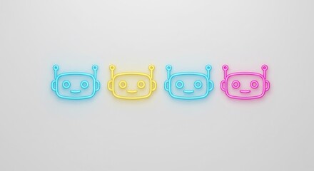 Row of Colorful Neon Robot Faces on White Background