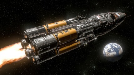 Spacecraft launching from Earth.  A futuristic rocket ship, with prominent orange-yellow engine pods, is shown in the process of launching into space.  Exhaust flames erupt from the engines.  