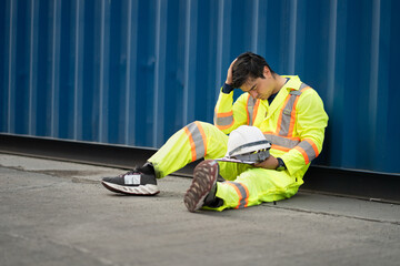 Caucasian man technician or engineer. Sit near a container and look tired or unemployed. Logistics...