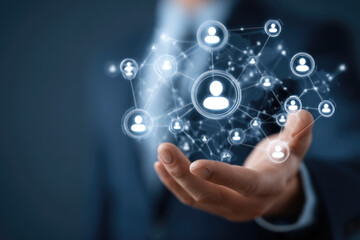 Fototapeta premium Customer relationship management or CRM concept. Businessman showing Customer relationship community online network technology. Global customer service system build brand loyalty. Digital business