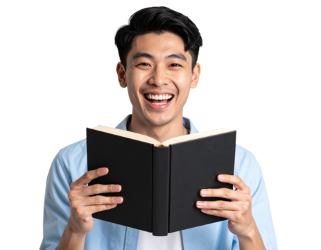 Cheerful Man Pointing at Black Book in Hand, Side View Pose, Transparent Background