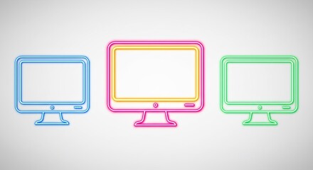Three Neon Colored Computer Monitors on White Background
